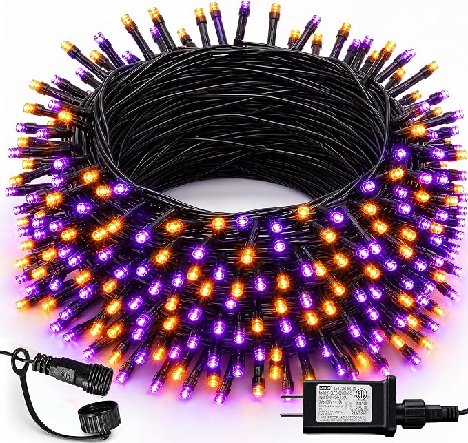 DAZZLE BRIGHT Halloween 300 LED String Lights, 100FT String Lights with 8 Lighting Modes, Halloween Decorations for Party Carnival Supplies, Outdoor Yard Garden Decor (Purple & Orange) - string light