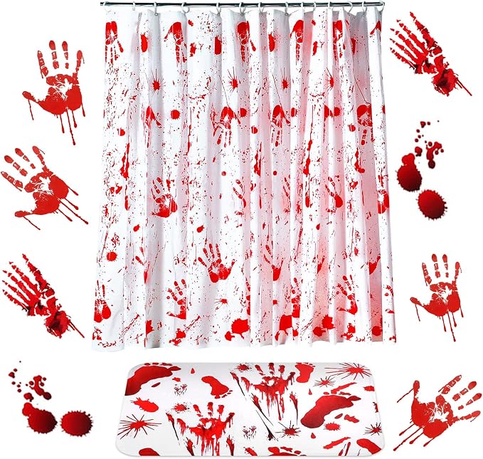 Tatuo 6 Pcs Halloween Bloody Shower Curtain Set with Door Mat and Clings - skull toilet mat