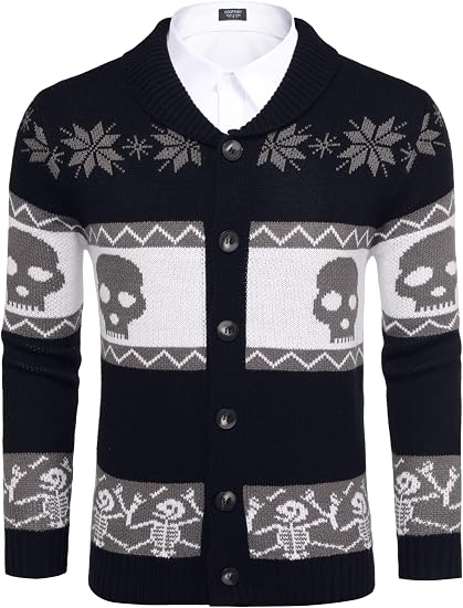 COOFANDY Mens Christmas Cardigan Sweater Shawl Collar Knitted Xmas Knitwear - skull jacket