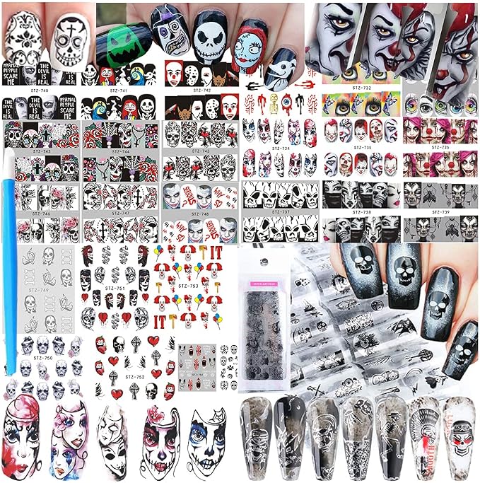 35 Sheets Halloween Water Transfer Nail Stickers Nail Art Decals - skull sticker