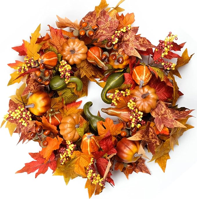 HomeKaren Fall Wreaths for Front Door 22 inch, Fall Door Wreath with Pumpkin, Maple Leaves Autumn Thanksgiving Harvest Festival Decorations Indoor and Outdoor