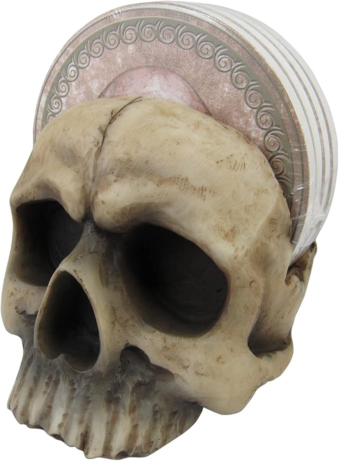 Decorative Skull Holder with Drink Absorbent Coasters | 4 Piece Coasters for Drinks Absorbent with Holder Set | Goth Kitchen Accessories and Skull Bar Decor - 5"… - skull coaster
