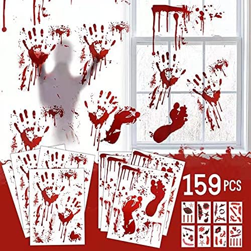 159 PCS Halloween Decorations, 8 Sheets Terror Bloody Handprint Footprint Window Stickers, 8 Sheets Tattoo Stickers, Halloween Party Indoor/Outdoor Decoration,Spooky Wall Decal and Floor Stickers - skull sticker