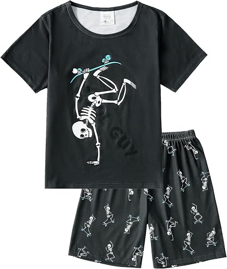 MyFav Boys Pajamas Sets Glow in Dark Summer Short Sleeve Sleepwear Skull Kids Pjs - skull pajamas