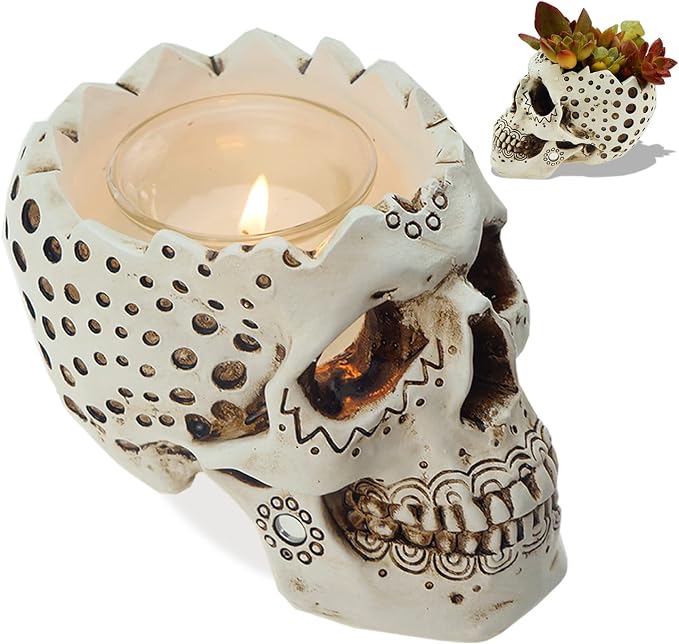 Skull Candle Holder Planter Gothic Skull Gift - 5.9” with Votive Tealight - skull figurine