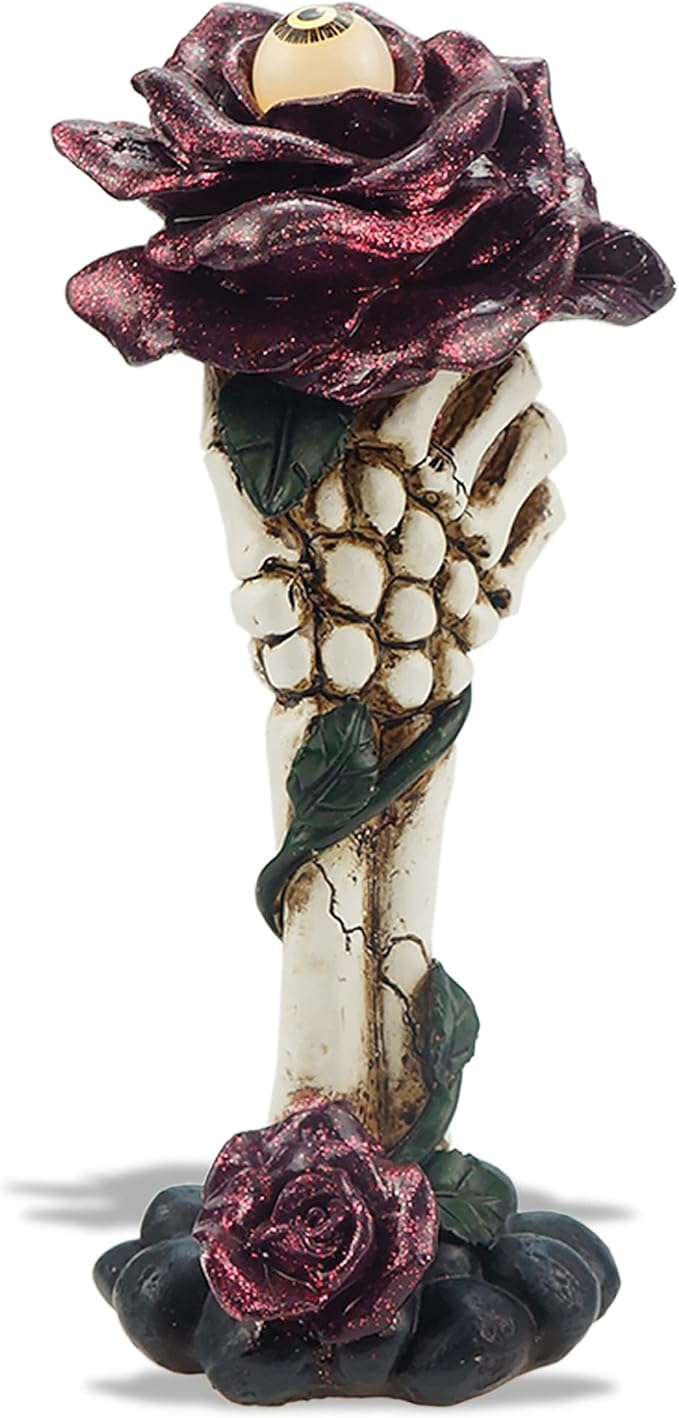Skeleton Hand Holding Rose Day Dead Skull Rose Valentine Gift - 8.5” Tall - skull figurine