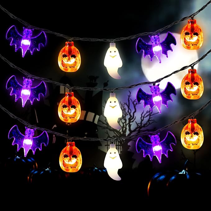 Mosoan Halloween Lights, 20Ft 30 LED Pumpkin Ghost Bat String Lights Battery Operated with Timer, 8 Light Modes Halloween Fairy Lights for Indoor Outdoor Party Home Yard Window Decor - string light