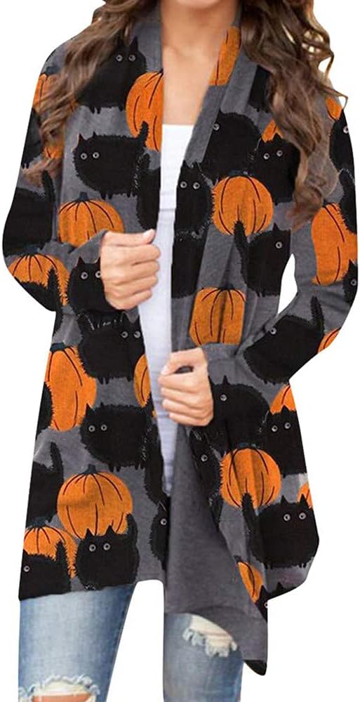 BOUTIKOME Women's Halloween Cat Pumpkin Cardigan Long Sleeve Open Front Knit Outwear Over Coats Plus Size Knit Sweater Top - skull jacket