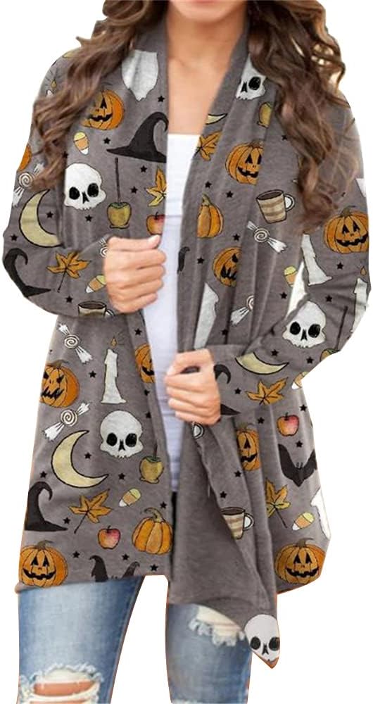 BOUTIKOME Women's Halloween Cat Pumpkin Cardigan Long Sleeve Open Front Knit Outwear Over Coats Plus Size Knit Sweater Top - skull jacket