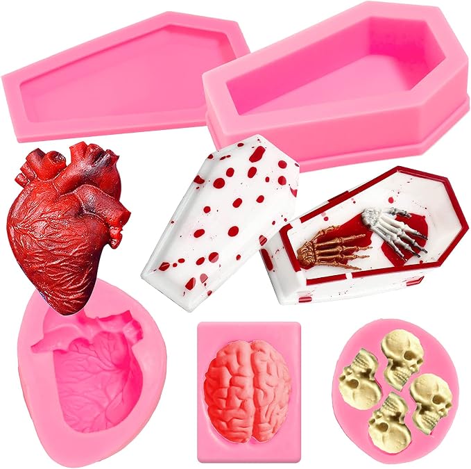 Whaline 4Pcs Halloween Silicone Molds Kit Coffin Resin Mold 3D Skull Organ Resin Casting Moulds Heart Brain Fondant Candy Mold for DIY Craft Chocolate Ice Cube Cake Topper Decor Soap Jelly, Pink - skull ashtray