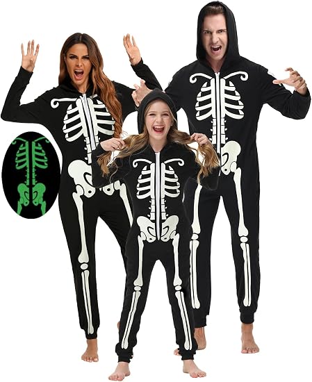Veseacky Matching Family Pajamas Sets Skeleton Glow in Dark Jumpsuit Halloween Hooded One-Piece Zipper PJS Family Jammies - skull pajamas