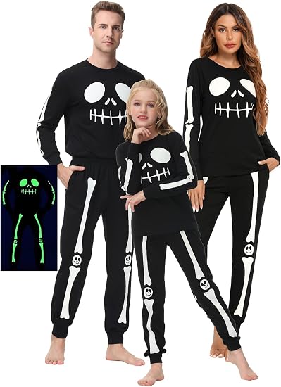 Veseacky Matching Family Halloween Costumes Pajama Sets Glow in the Dark Skeleton Long Sleeve with Pocket Pjs 2Pcs S-XXL - skull pajamas