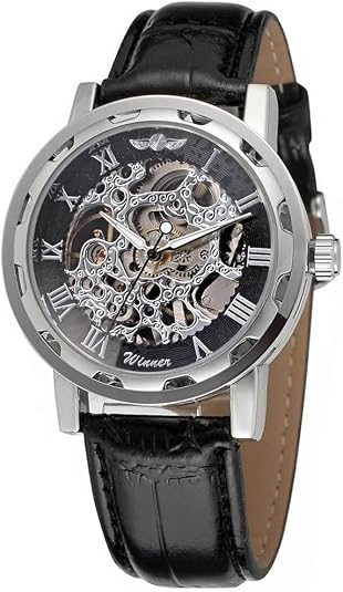 Men's Fashion Mechanical Wristwatch Transparent Dial with Skeleton Design Leather Band Automatic Manual-Winding Watch - skull watch