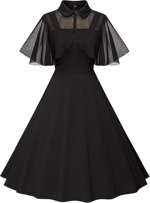 1950s Dresses for Women Vintage Goth Swing Cocktail Dress with Pockets and Chiffon Shawl - sugar skull dress