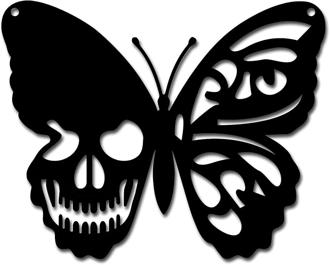 CREATCABIN Skull Metal Wall Art Butterfly Decor Wall Hanging Plaques Ornaments Iron Wall Art Sculpture Sign for Indoor Outdoor Home Livingroom Kitchen Garden Office Decoration Gift Black 6.3 x 7.9inch - skull wall art