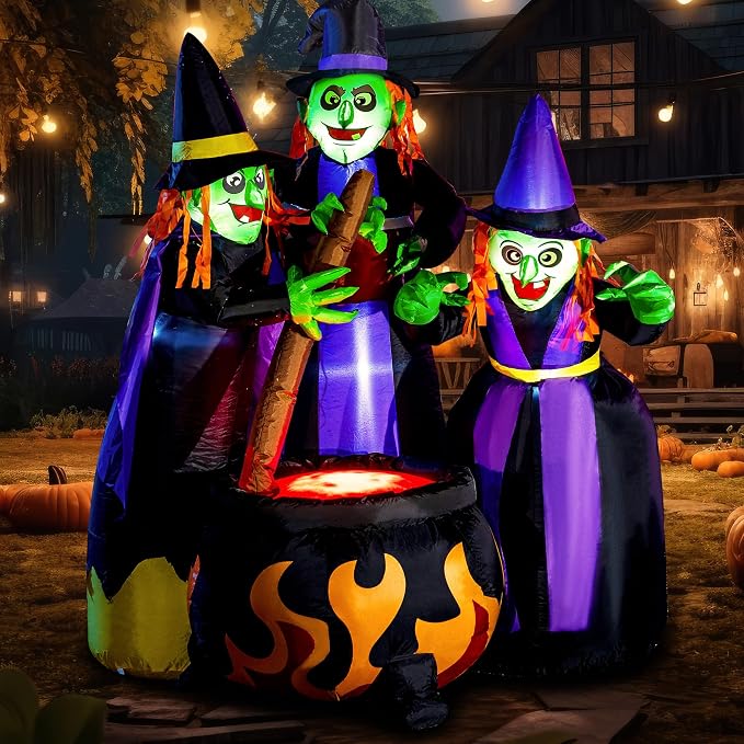 Joiedomi 6 FT Tall Halloween Inflatables Three Witch Around Cauldron with Flame Light Yard Outdoor Decoration Blow Up with Build-in LEDs for Halloween Party Indoor, Outdoor Inflatables Decorations - skull inflatable