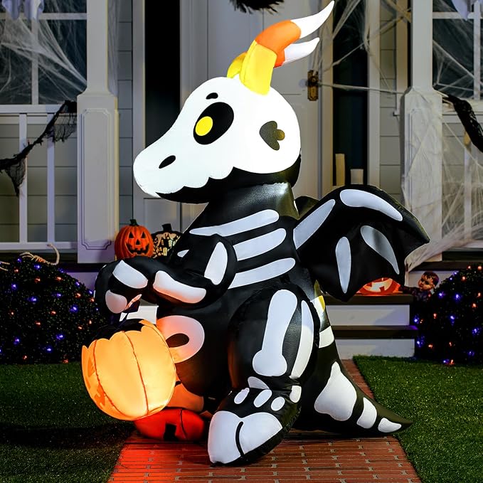 Joiedomi 5 FT Tall Halloween Inflatable Skeleton Dragon Light Up, Outdoor Blow Up Decorations with Built-in LEDs, Scary Halloween Decor for Yard Lawn Garden Patio Outside Holiday Decor - skull inflatable