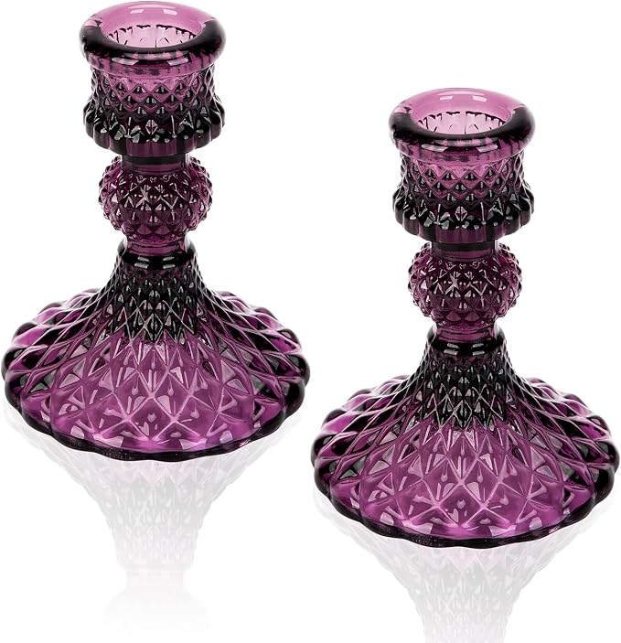 Glass Candle Holder, 2PCS Decorative Candle Sticks Pillar Candle Stand for Formal Events Wedding Party Table Centerpieces Home Decoration, Dark Purple - skull candle