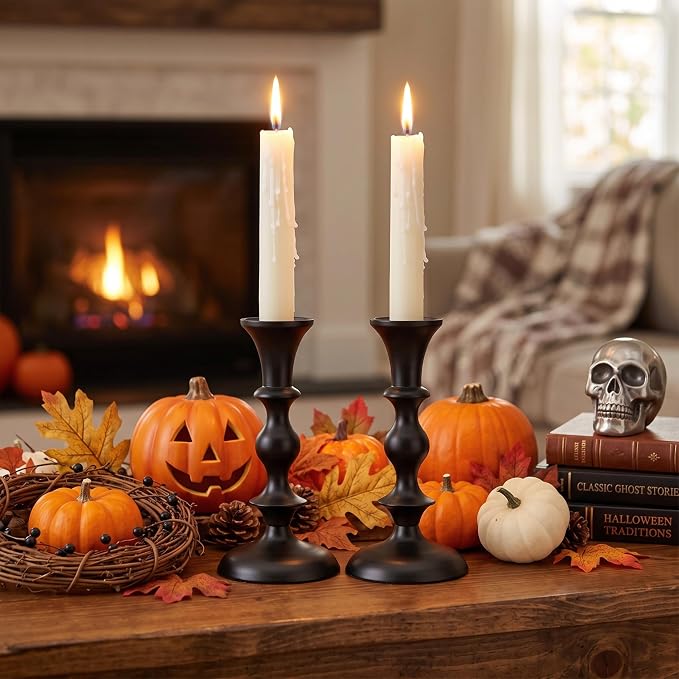 Black Candle Holders Set of 2 Decorative Centerpiece Table Candlesticks Holders for Taper Candles Home Decor Easter Candle Holders for Dinner Party Wedding Decorations - skull candle