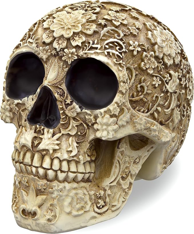READAEER Life Size Skull Resin Floral Human Skull Model Adult Head Bone Model Day of The Dead Décor - skull wall art