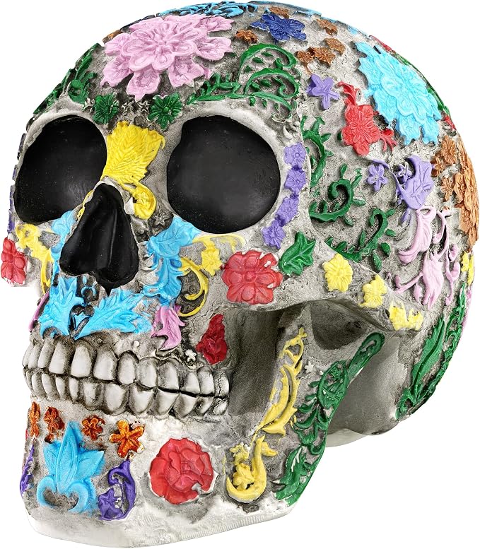 READAEER Life Size Skull Resin Colorful Floral Human Skull Model Adult Head Bone Model Day of The Dead Décor - skull wreath