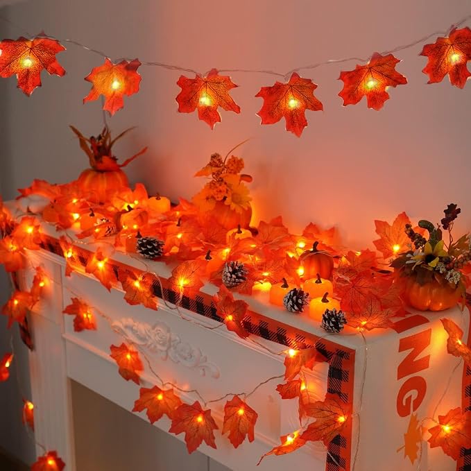 YEGUO 2 Packs Fall Lights Battery Operated, Total 20ft 40 LED Lighted Fall Garland Maple Leaves for Holiday Autumn Harvest Fall Thanksgiving Halloween Decor - string light