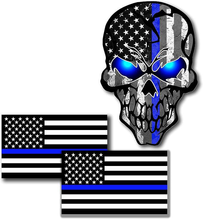 3 Pack Car Decals Stickers Reflective US Flag with Thin Blue Line and Skull, Honoring Police Law Enforcement Vinyl Stickers Van Trucks Women Men Motorcycle Laptop Decals Skateboard Bike Bumper Window - skull sticker