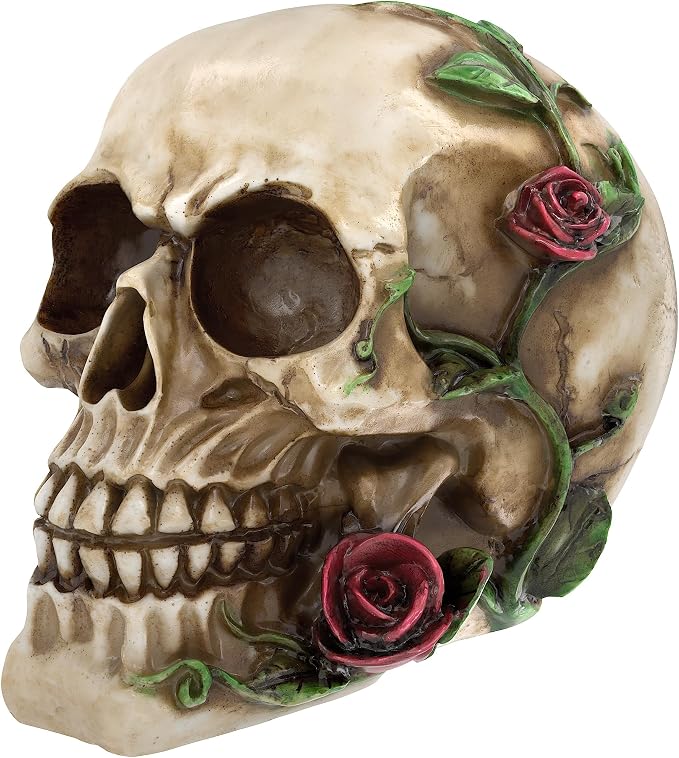 READAEER Human Skull with Rose Resin Statue Small Size Head Sculptures Skull Collectible Figurines - skull figurine