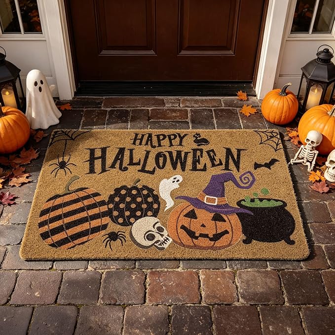 Happy Halloween Jack O'Lantern Doormat Spooky Indoor Outdoor Home Front Porch Rugs Witches Hat Brewing Carpet Gift Fall October Entrance Ornament Supplies 17 x 30 Inches - skull carpet