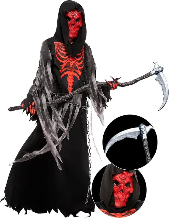 Spooktacular Creations Child Boys Red Skull Reaper Costume, Kids Halloween Grim Reaper Costume Dress-Up for Halloween - sugar skull costume