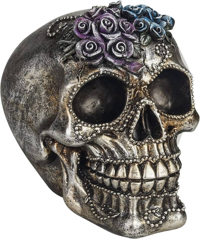 WENYLE Skull Statue Decor Human Head Statues Skull Figurine with Roses and Beads Resin Skeleton Decoration for Halloween Day of The Dead Ossuary Macabre Collectible 5.3Inch Silver - skull figurine