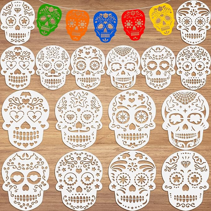 Epakh 16 Pcs Sugar Skull Cake Stencils, Day of the Dead 2 Sizes - sugar skull makeup