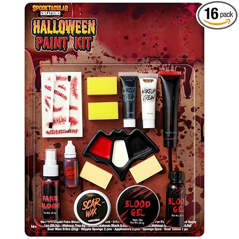 Spooktacular Creations 16 Pcs Halloween Family Makeup Kit Face Body Paint with Liquid Blood Gel, Fake Blood and More Easy On Makeup Set for Zombie Costume Cosplay Halloween Party Supplies - sugar skull makeup
