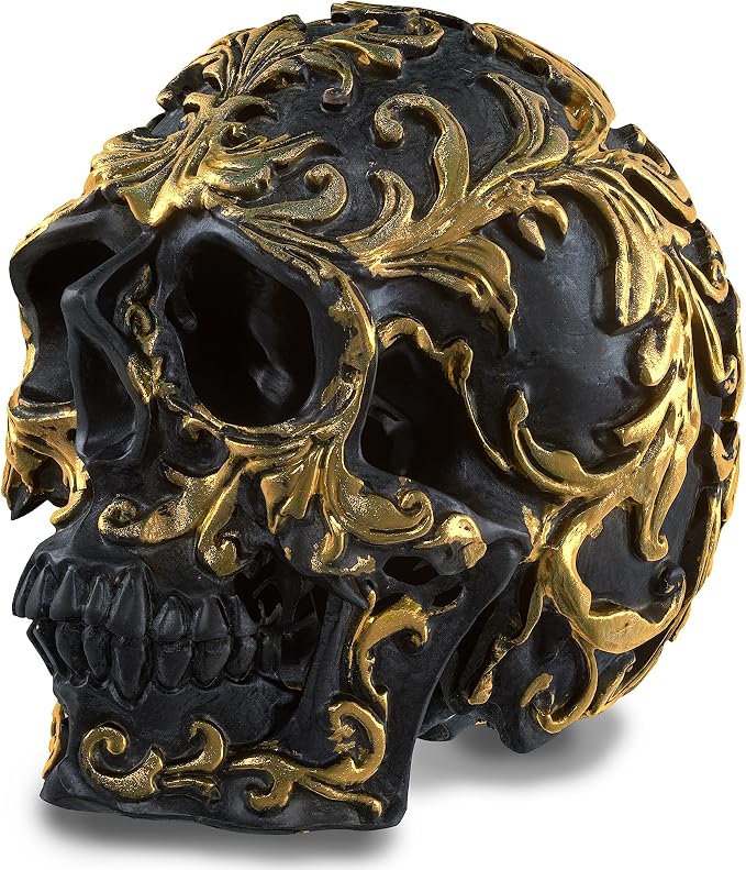 READAEER Small Size Human Skull Resin Statue Head Sculptures Skull Collectible Figurines (Black & Golden)