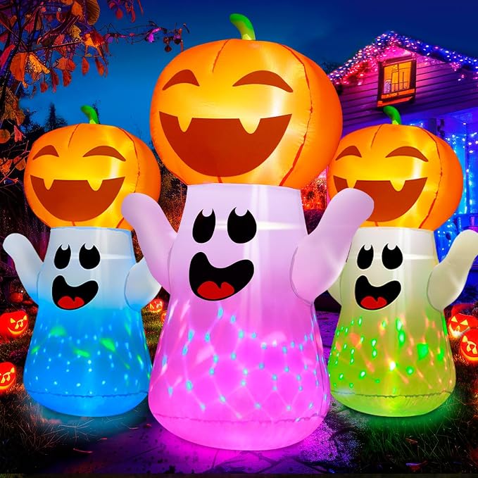 zukakii 5FT Halloween Inflatables Pumpkin Ghost Built-in 3-Pattern Colorful Flashing Light, Cute Halloween Blow Up Yard Decorations for Indoor Outdoor Home/Holiday/Party/Yard/Lawn (1PCS) - skull inflatable