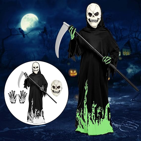 Halloween Grim Reaper Costume for Kids Boys Girls,Glow in the Dark Deluxe Phantom Costume - sugar skull costume