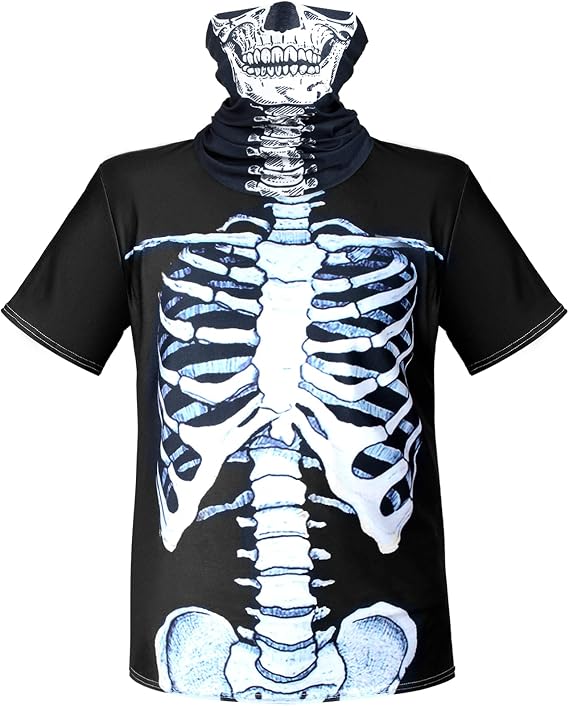 2 Pcs Halloween Skeleton Costume for Men, Rib Cage Shirt & Bandana Set - skull tshirt