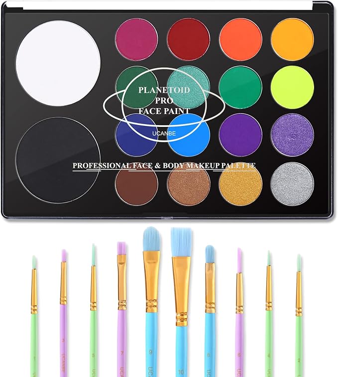UCANBE Face Paint Kit + 10pcs Paint Brush Water Activated Body Paint SFX Makeup Palette for Cosplay Halloween Black White Face Painting Kits for Adults Matte Neon Special Effects Makeup Kit - sugar skull makeup