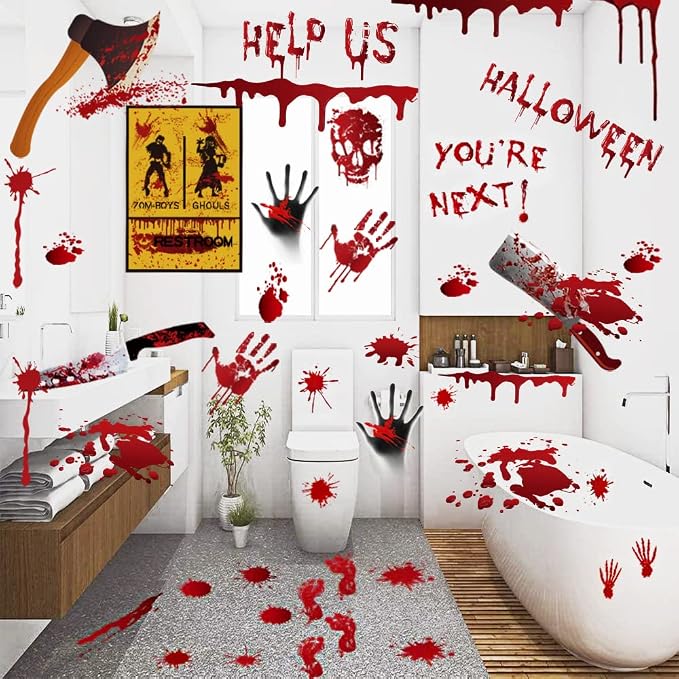 84Pcs Halloween Handprint Footprint Stickers Window Bathroom Floor Decor - skull sticker