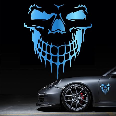 Skull Stickers and Decals for Car Windows, Doors, and Trucks – 3D Skull Decals and Signs for Car Styling – Laser Chrome Blue, 10″