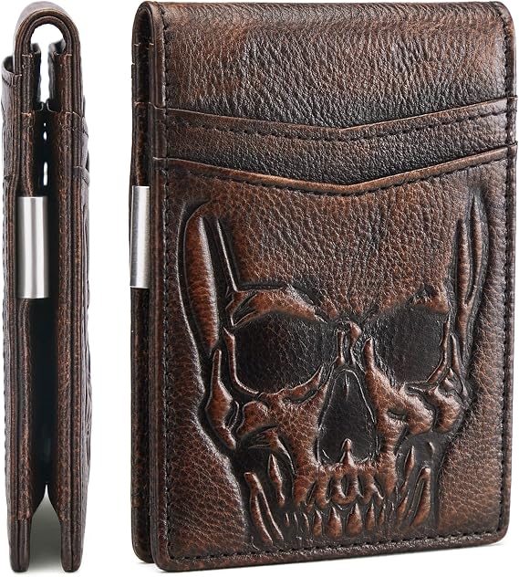 Men Minimalist Skull Leather Bifold Wallet with ID Window for Husband Boyfriend Dad Teenager - Slim RFID Blocking Front Pocket Credit Card Holder - Birthday Anniversary Christmas Father's Day Gift - skull wallet