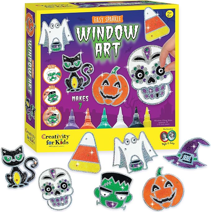 Creativity for Kids Halloween Window Art Kit | Create 7 Spooky Suncatchers with Paint, Rhinestones & Wiggly Eyes | DIY Craft Kit for Kids | Fun for Parties, Gifts & Seasonal Décor (Ages 6+) - skull painting