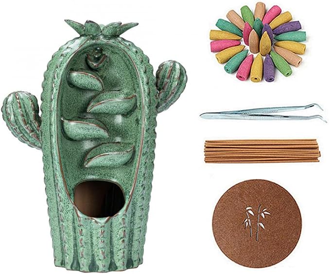 Backflow Incense Burner Holder Cactus Porcelain Waterfall Gift Set - skull incense burner