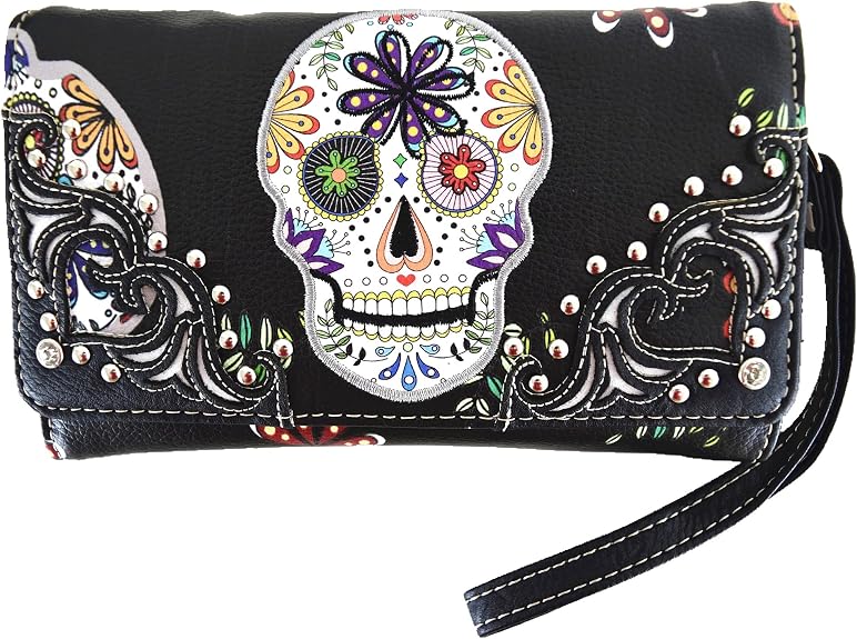 Western Skull Wallet for Women Crossbody Long Wallet Cowgirl Shoulder Purse - sugar skull handbags for sale