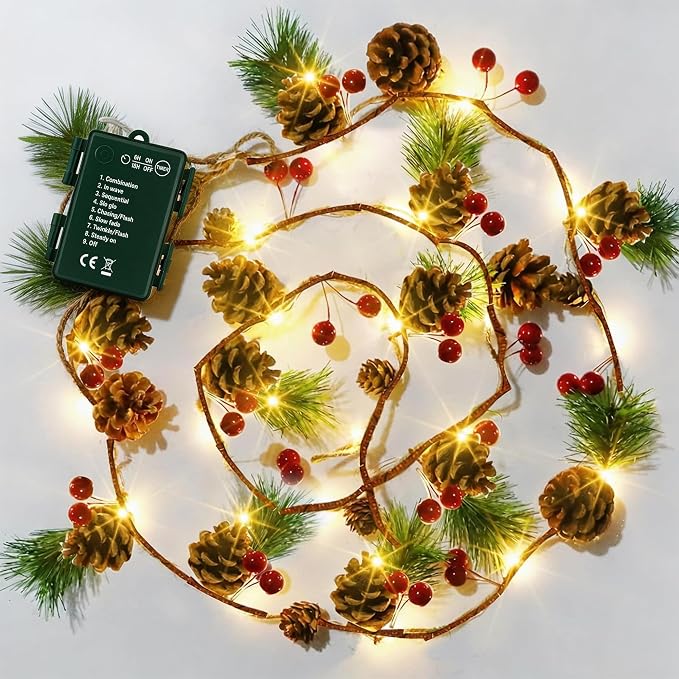 Dazzle Bright Pine Cone Christmas String Lights, Total 6.5FT 20LED Battery Operated Christmas Garland with 8 Modes, Red Berry Pine Cone Fairy String Lights for Indoor Outdoor Xmas Decorations - string light