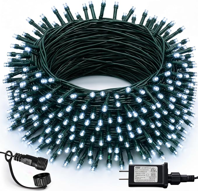 Dazzle Bright 300 LED Christmas String Lights, 100 FT Connectable Waterproof String Lights Green Wire with 8 Modes, Christmas Decorations for Indoor Outdoor Xmas Party Yard Garden (White) - string light