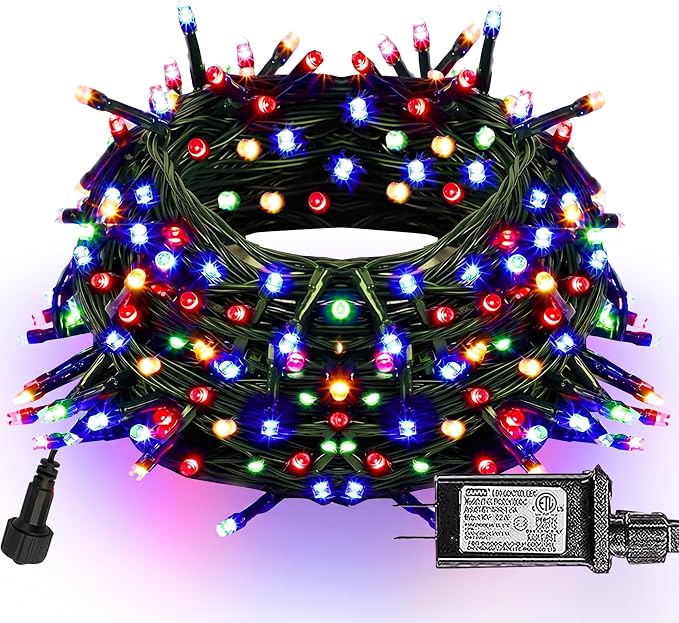 Dazzle Bright 300 LED Christmas String Lights, 100 FT Connectable Waterproof String Lights Green Wire with 8 Modes, Christmas Decorations for Indoor Outdoor Xmas Party Yard Garden (Multi Colored) - string light