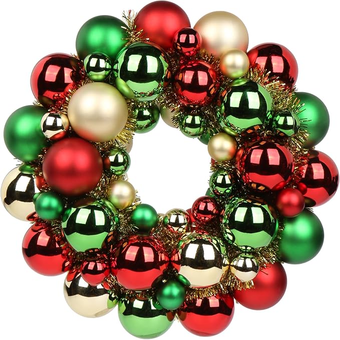 Christmas Ball Wreath 13" Xmas Wreaths Ornaments Glitter Thicken Shatterproof Garland Decoration for Door Wall Mantel Holiday Party Decor, Champagne Gold & Red & Green - skull wreath