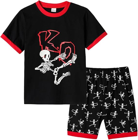 MyFav Boys Pajamas Sets Glow in Dark Summer Short Sleeve Sleepwear Skull Kids Pjs - skull pajamas