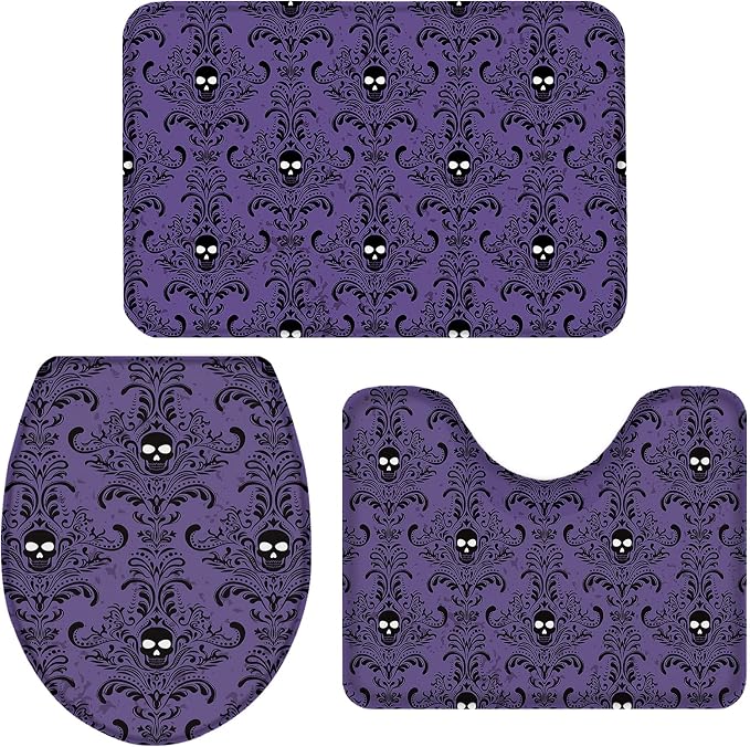 LooPoP Halloween Haunted Mansion Kids Bathroom Set, 3-Piece Non-Slip Bath Mats, Toilet Lid Cover, U-Shape Contour Mat, Purple - skull toilet mat